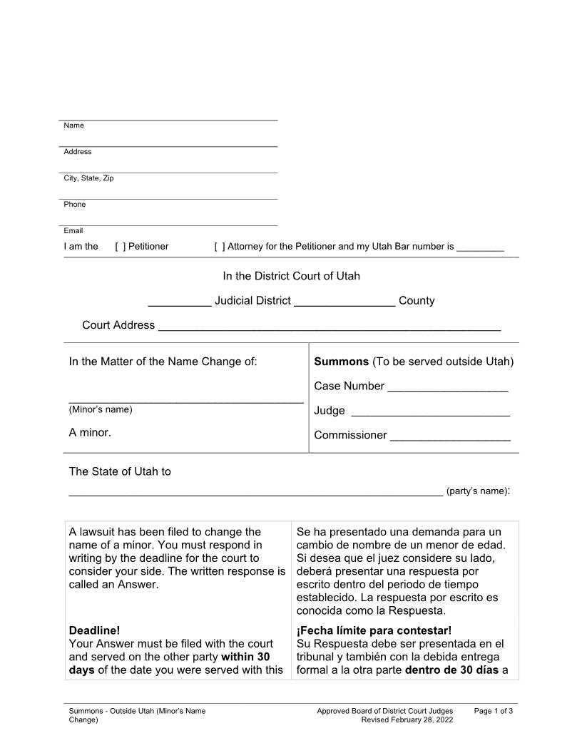 Summons - Outisde Utah (Minors Name Change) | Pdf Fpdf Docx | Utah