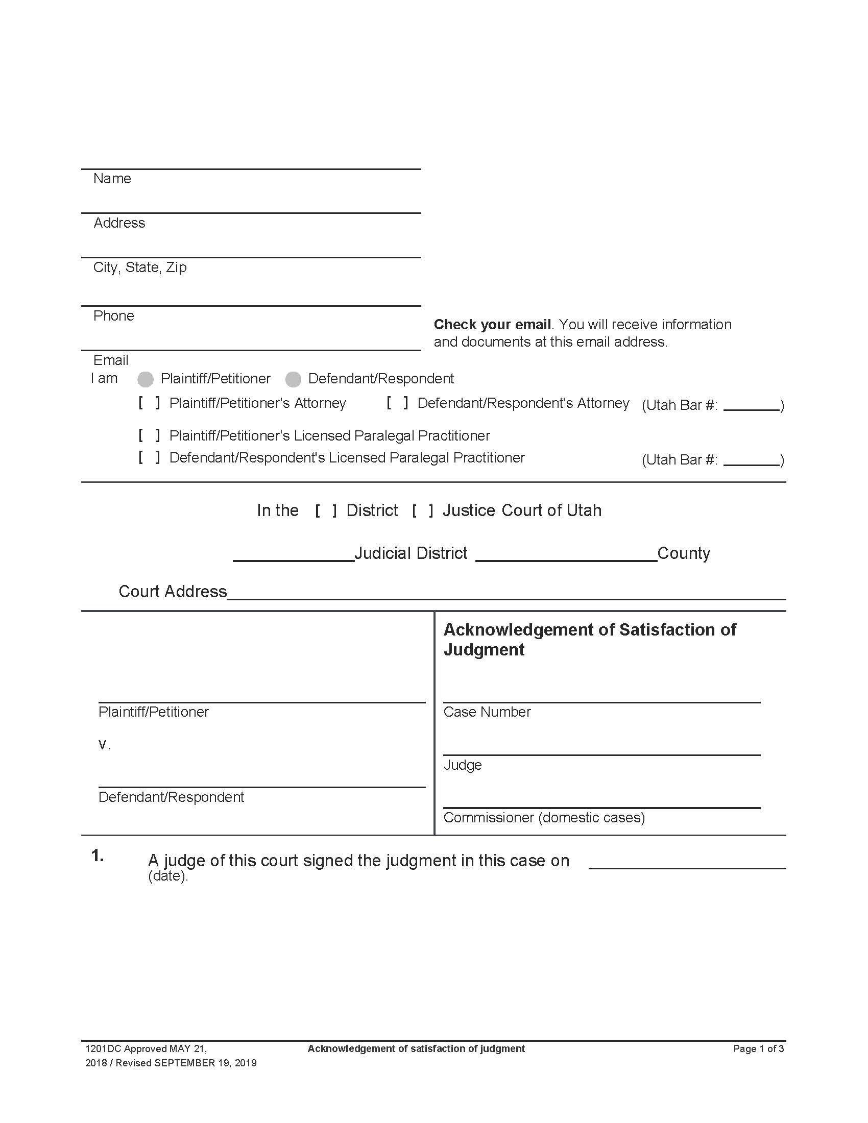 Acknowledgement Of Satisfaction Of Judgment {1201DC} | Pdf Fpdf Docx | Utah