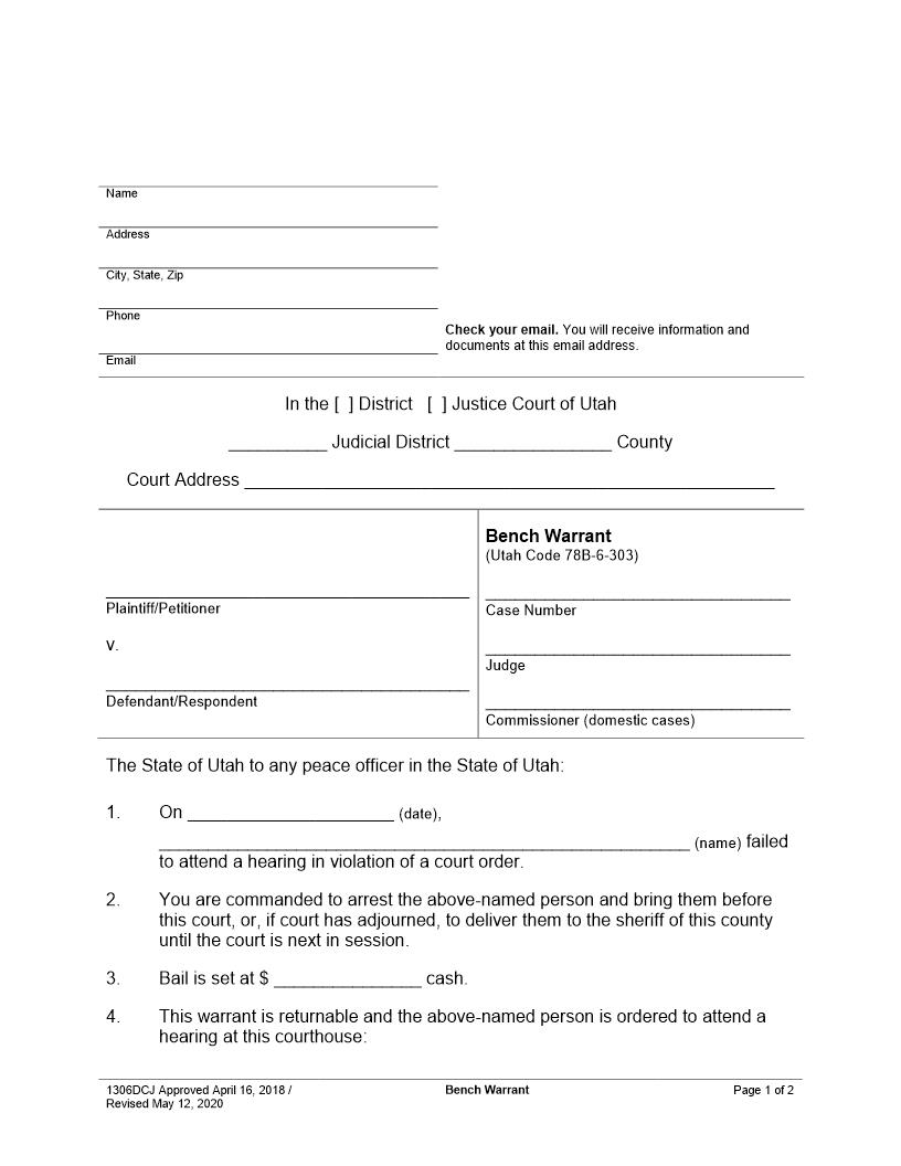 Bench Warrant {1306DCJ} | Pdf Fpdf Docx | Utah