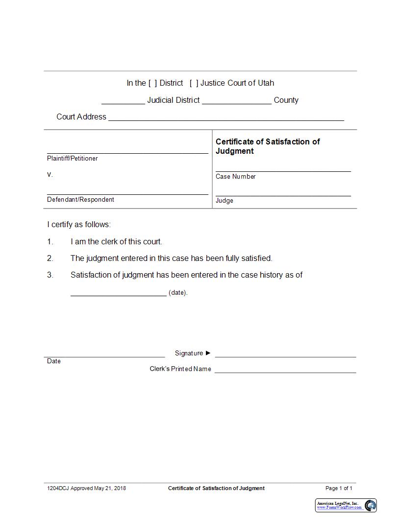 Certificate Of Satisfaction {1204DCJ} | Pdf Fpdf Docx | Utah