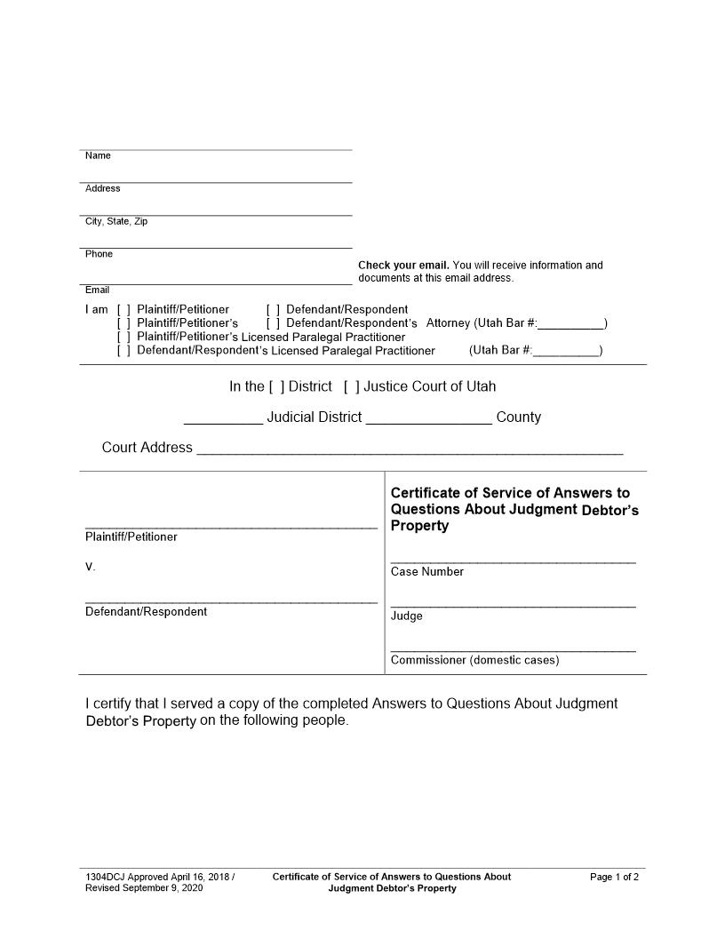 Certificate Of Service Answers To Questions About Debtors Property {1304DCJ} | Pdf Fpdf Docx | Utah