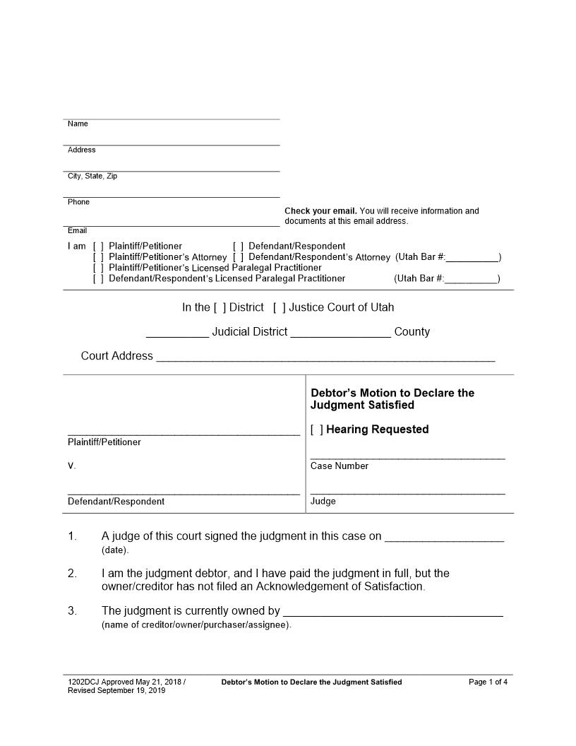 Debtors Motion To Declare Judgment Satisfied {1202DCJ} | Pdf Fpdf Docx | Utah