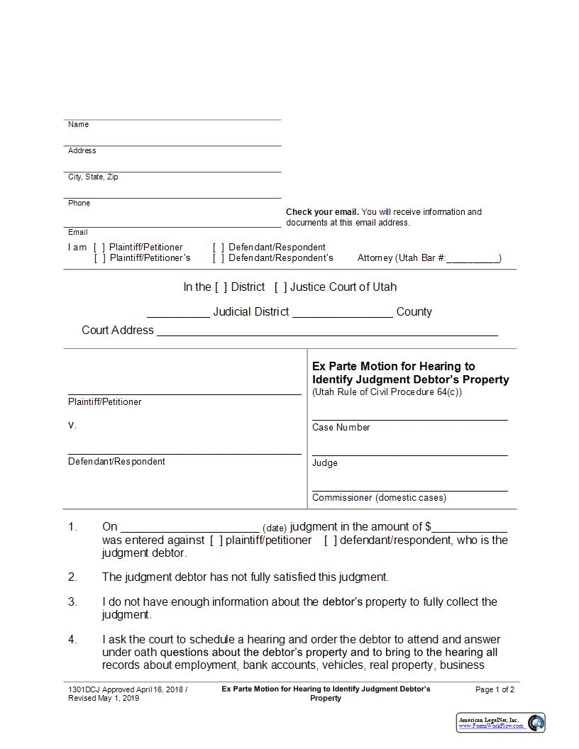 Ex Parte Motion For Hearing To Identify Debtors Property {1301DCJ} | Pdf Fpdf Docx | Utah
