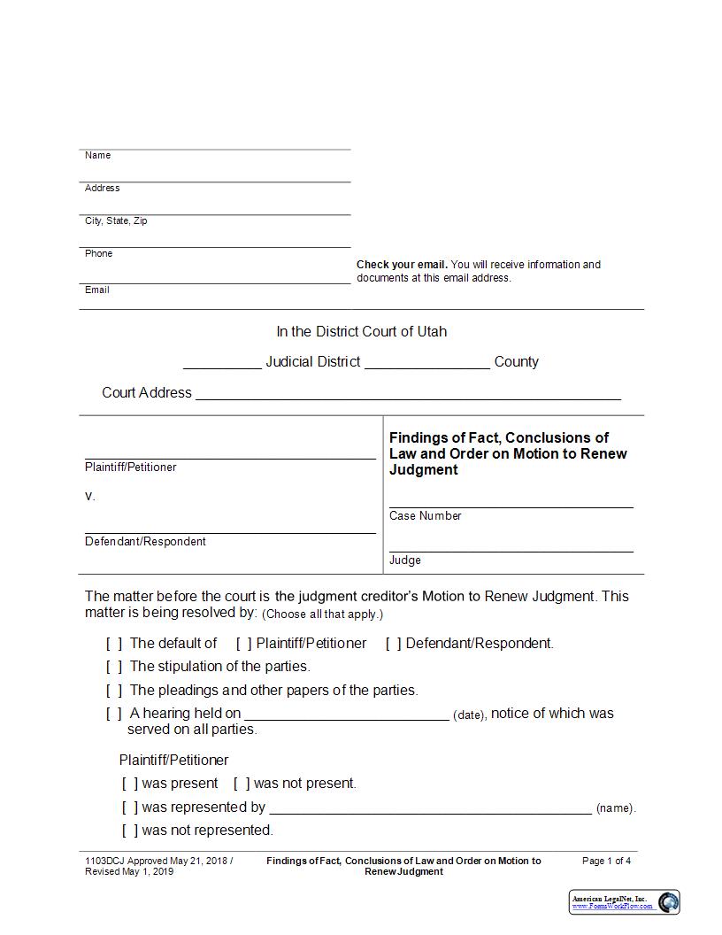 Findings Of Fact Order On Motion To Declare Judgment Satisfied {1203DCJ} | Pdf Fpdf Docx | Utah