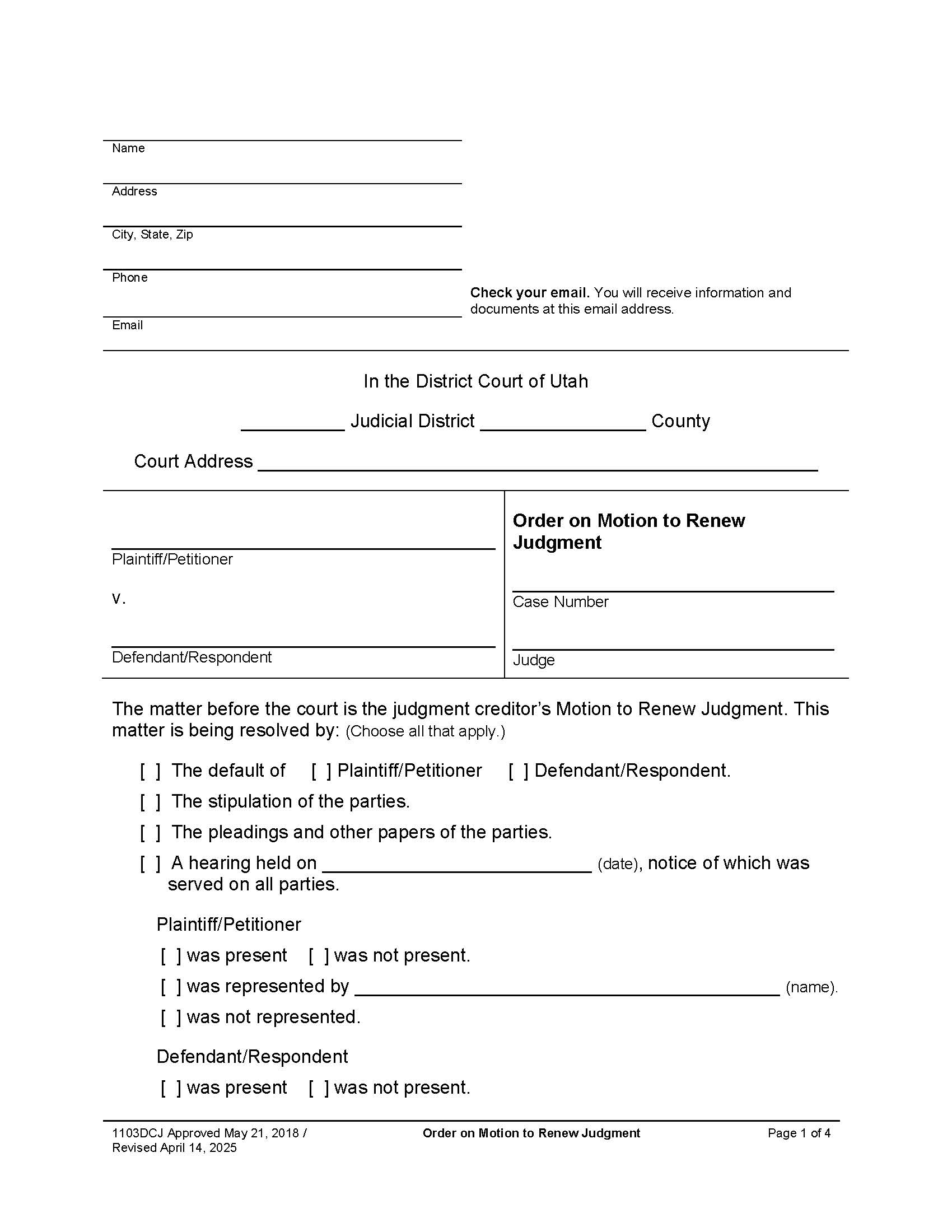 Findings Of Fact Order On Motion To Renew Judgment {1103DCJ} | Pdf Fpdf Docx | Utah