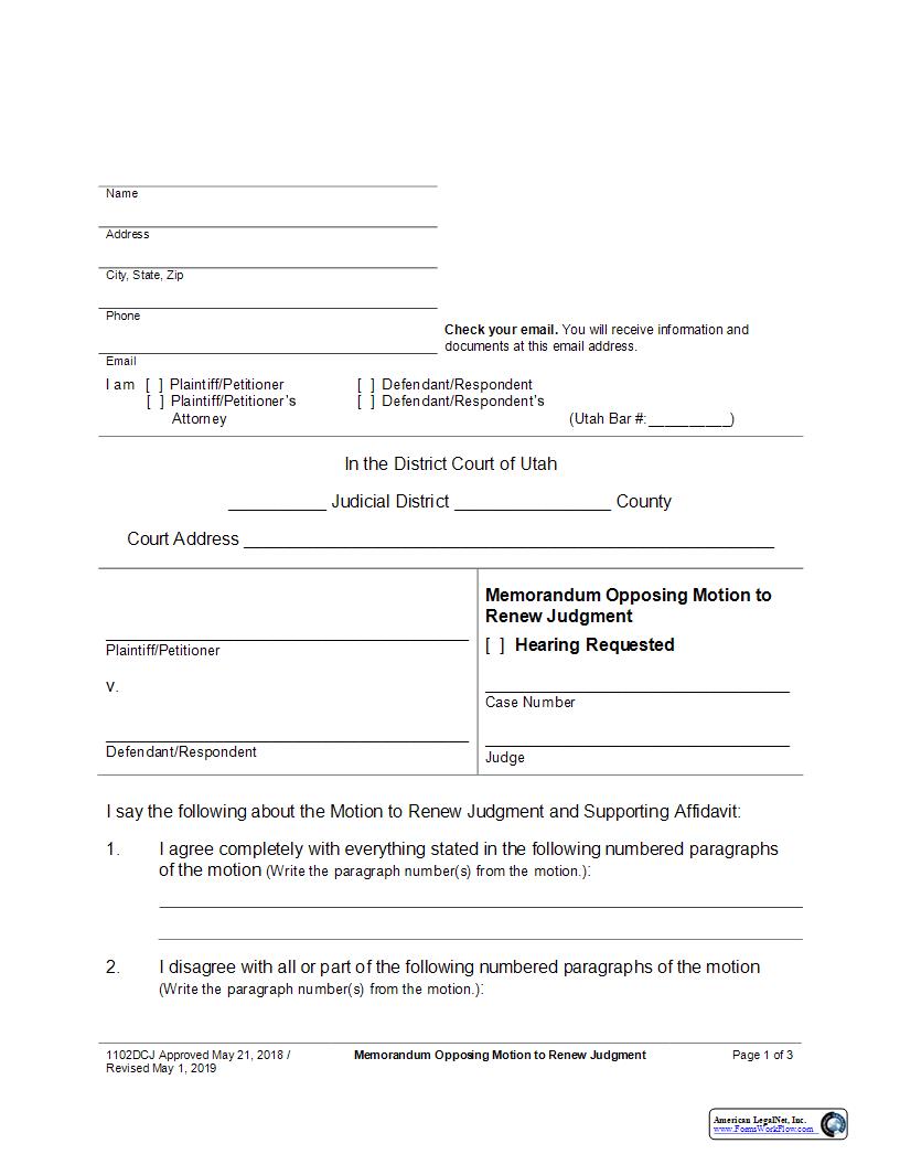 Memorandum Opposing Motion To Renew Judgment {1102DCJ} | Pdf Fpdf Docx | Utah