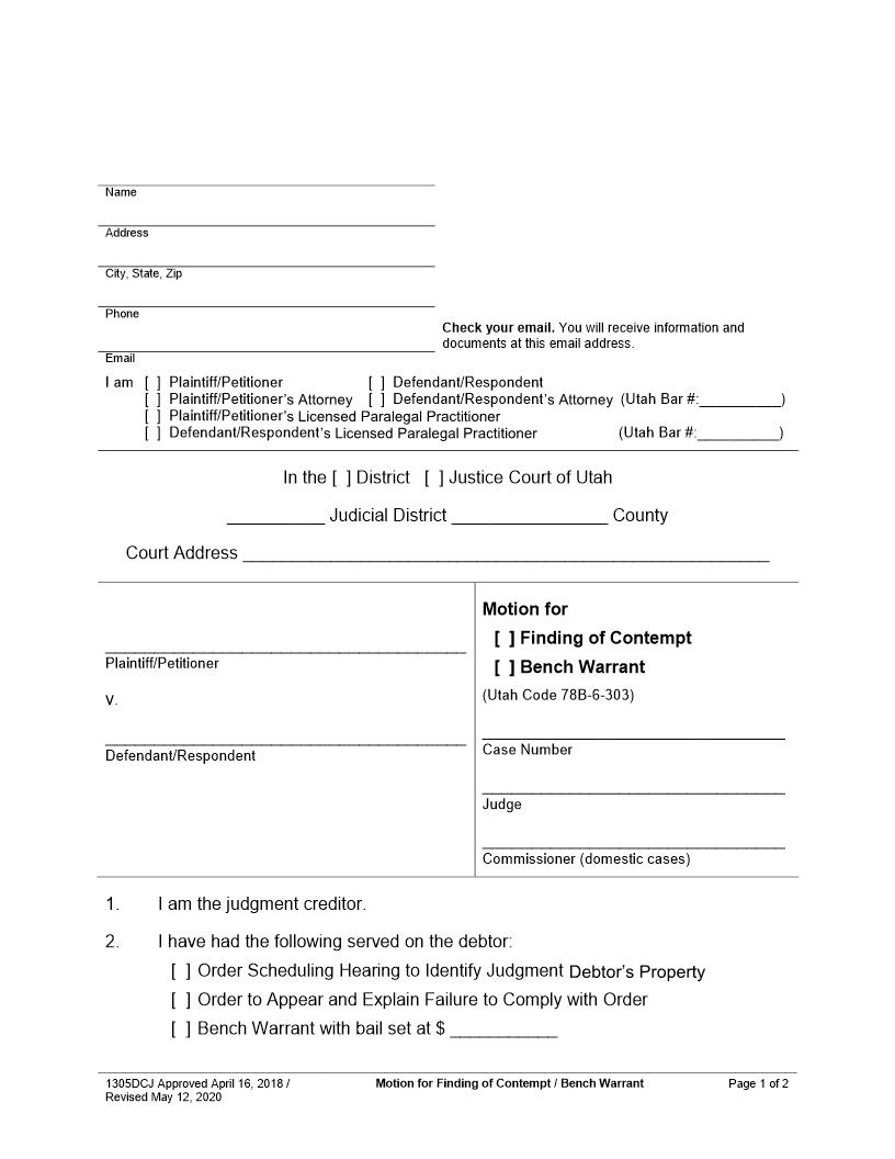 Motion For Finding Of Contempt Bench Warrant {1305DCJ} | Pdf Fpdf Docx | Utah