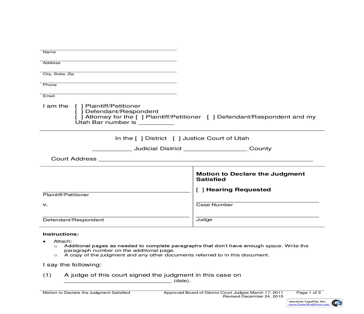 Motion To Declare The Judgment Satisfied |  | Utah