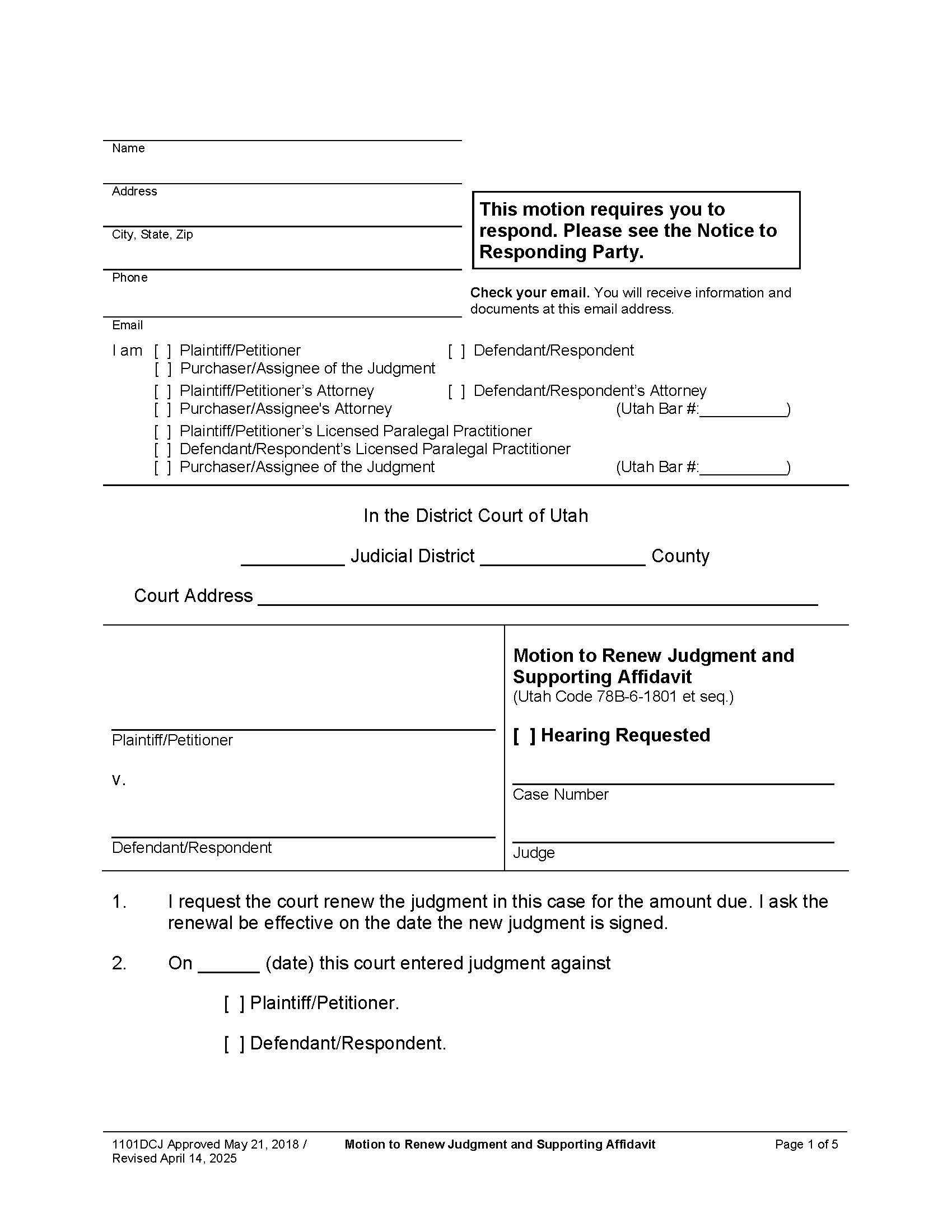 Motion To Renew Judgment And Supporting Affidavit {1101DCJ} | Pdf Fpdf Docx | Utah