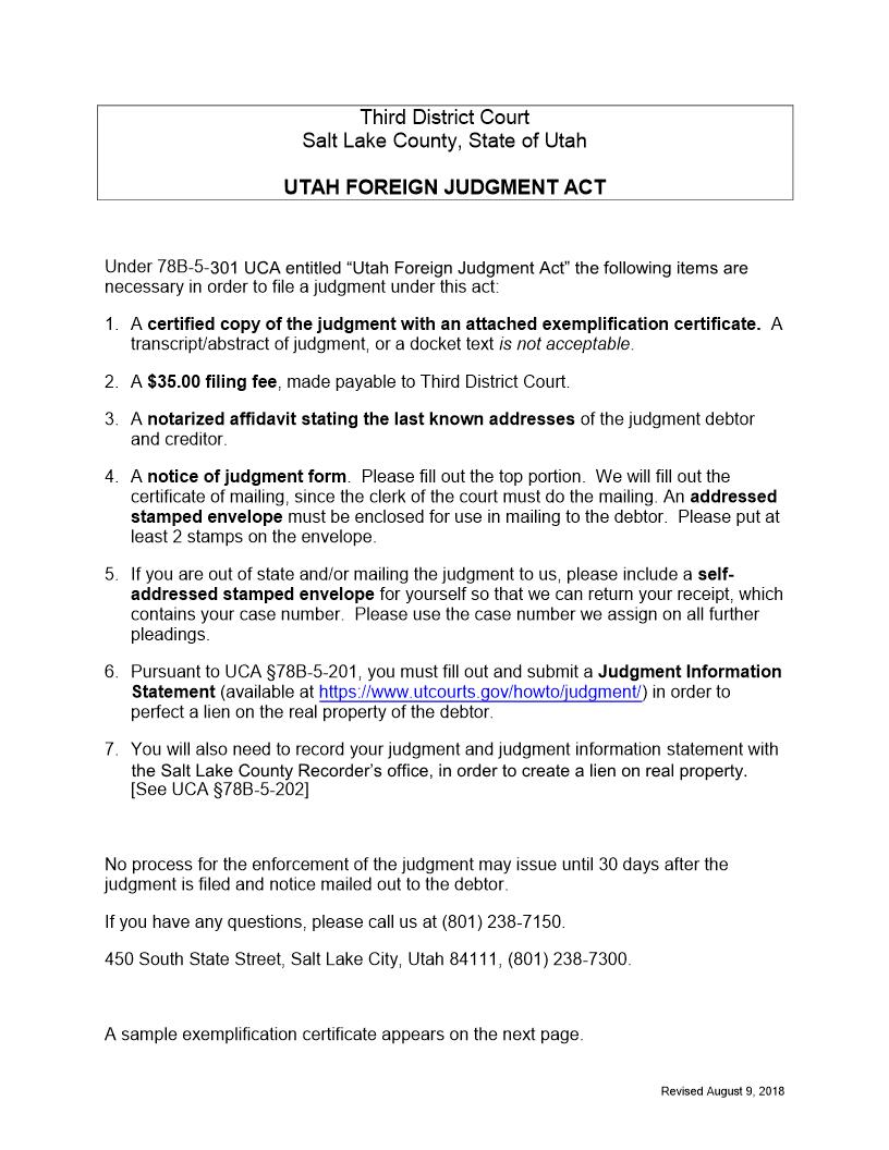 Notice Of (Foreign) Judgment (Third District) | Pdf Fpdf Docx | Utah