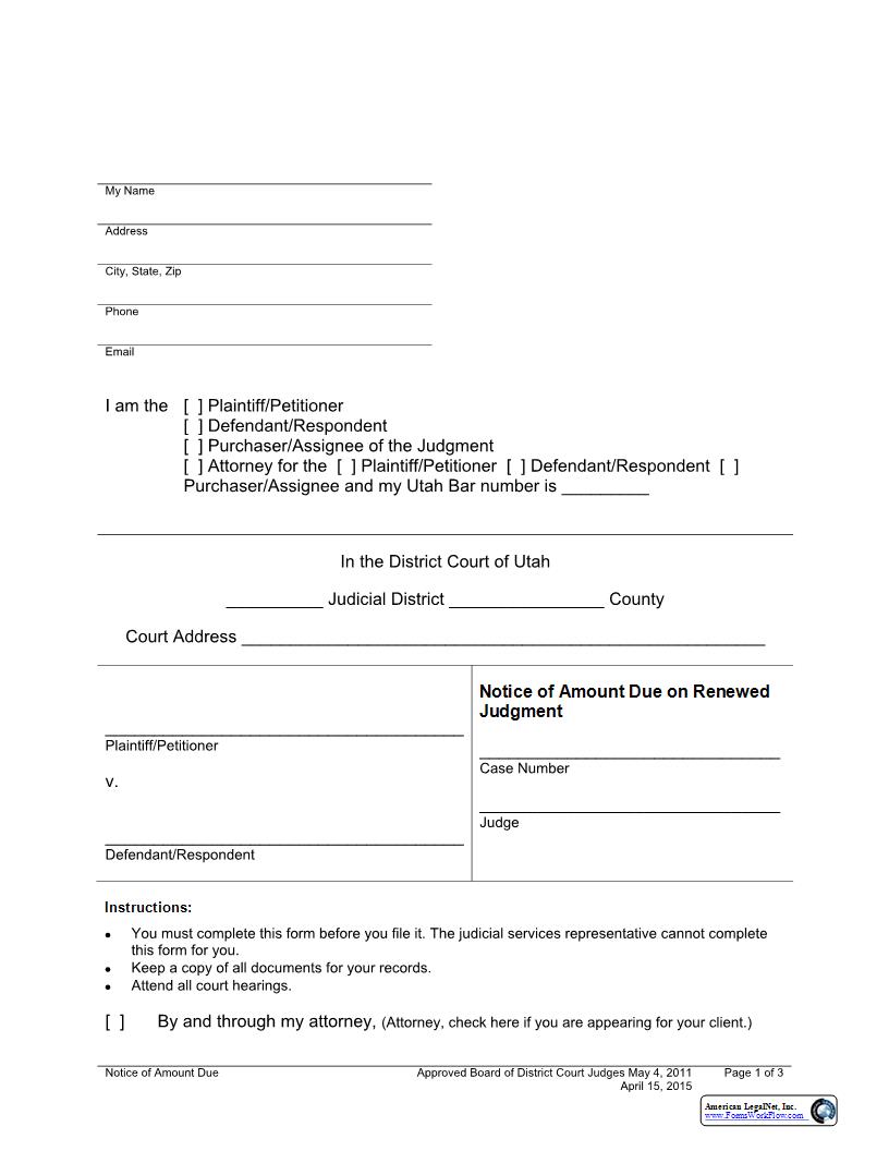 Notice Of Amount Due On Renewed Judgment |  | Utah