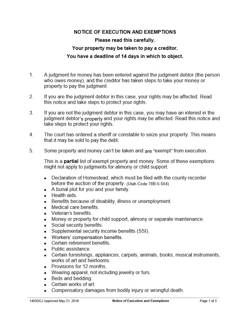 Notice Of Execution And Exemptions {1403DCJ} | Pdf Fpdf Docx | Utah