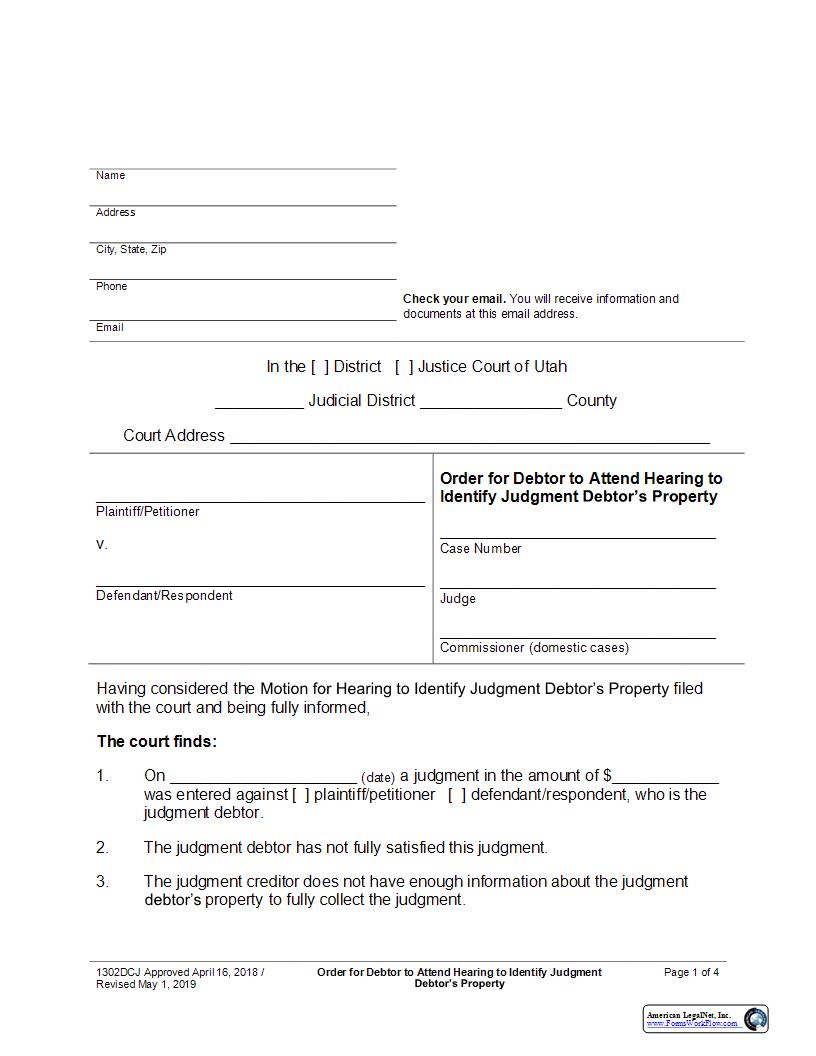Order Scheduling Hearing To Identify Debtors Property {1302DC} | Pdf Fpdf Docx | Utah