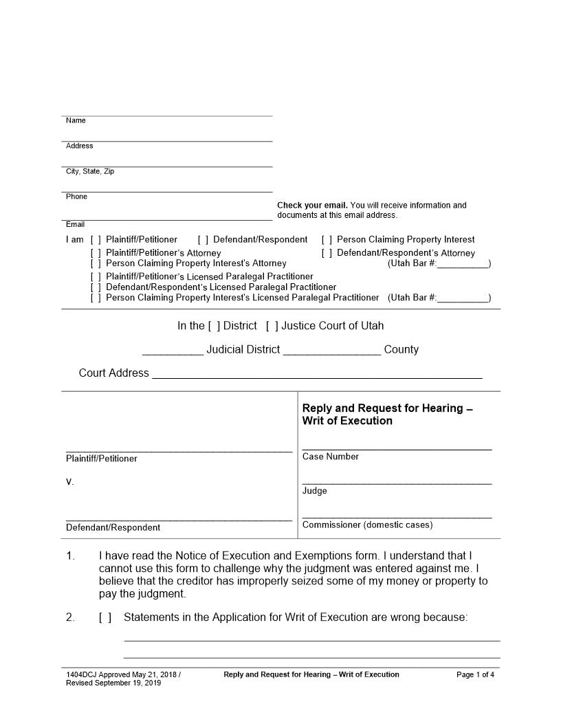 Reply And Request For Hearing - Writ Of Execution {1404DCJ} | Pdf Fpdf Docx | Utah