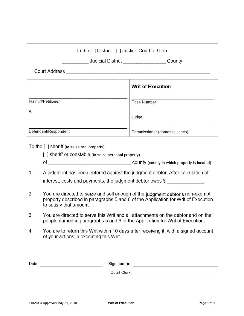 Writ Of Execution {1402DCJ} | Pdf Fpdf Docx | Utah
