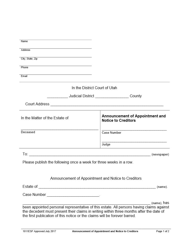 Announcement Of Appointment And Notice to Creditors {1011ESF} | Pdf Fpdf Docx | Utah