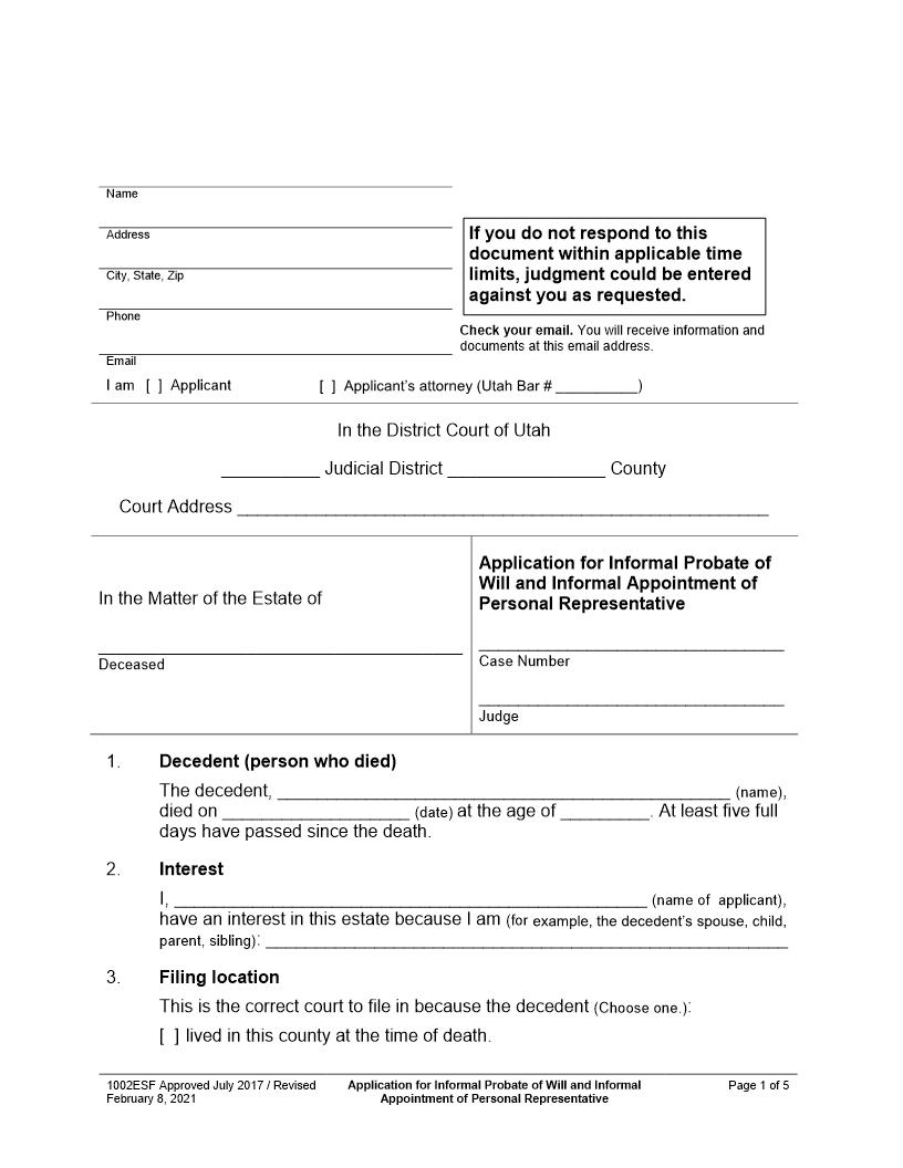 Application For Informal Probate Of Will Informal Appointment Personal Representative {1002ESF} | Pdf Fpdf Docx | Utah