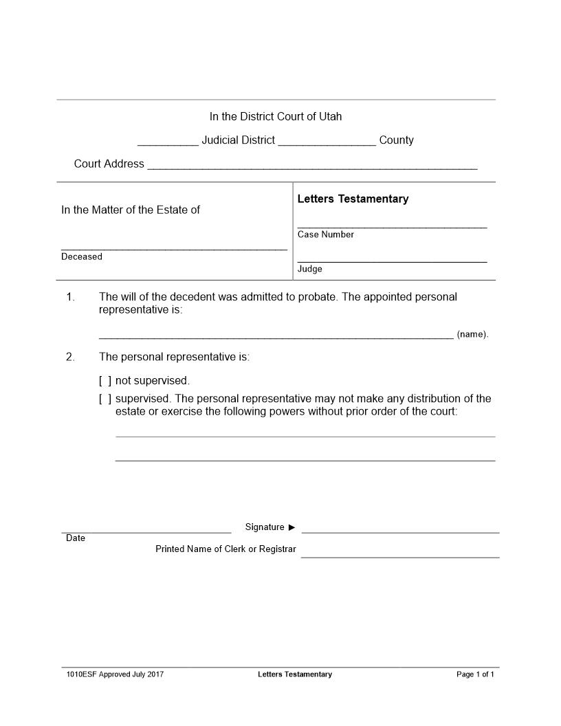 Letters Testamentary {1010ESF} | Pdf Fpdf Docx | Utah