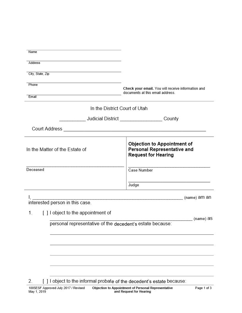 Objection To Appointment Of Personal Representative And Request For Hearing {1005ESF} | Pdf Fpdf Docx | Utah