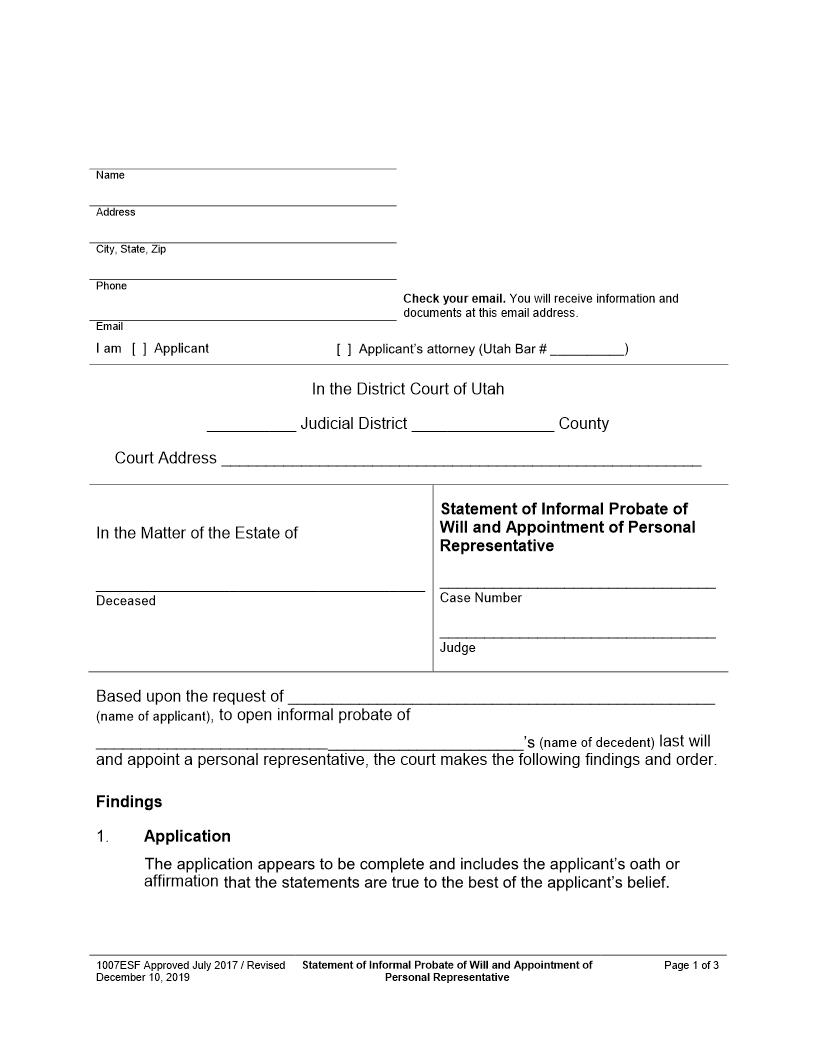 Statement Of Informal Probate Of Will Appointment Of Personal Representative {1007ESF} | Pdf Fpdf Docx | Utah