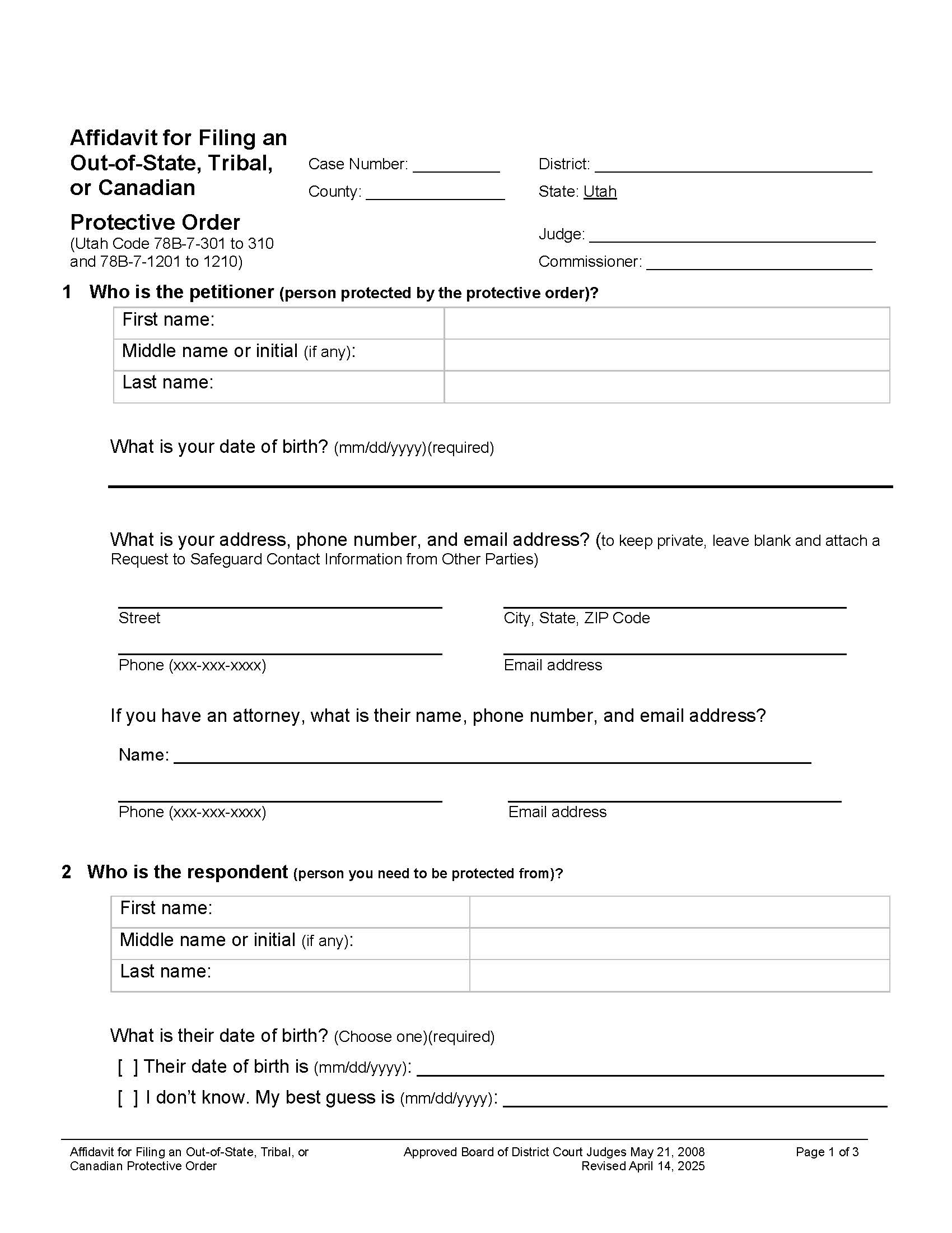 Affidavit For Filing An Out-Of-State Protective Order | Pdf Fpdf Docx | Utah