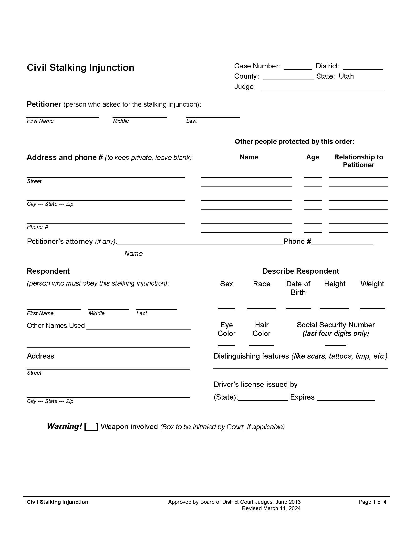 Civil Stalking Injunction | Pdf Fpdf Doc Docx | Utah