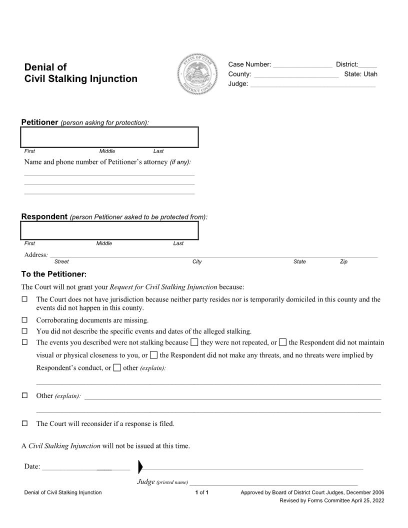 Denial Of Civil Stalking Injunction | Pdf Fpdf Docx | Utah