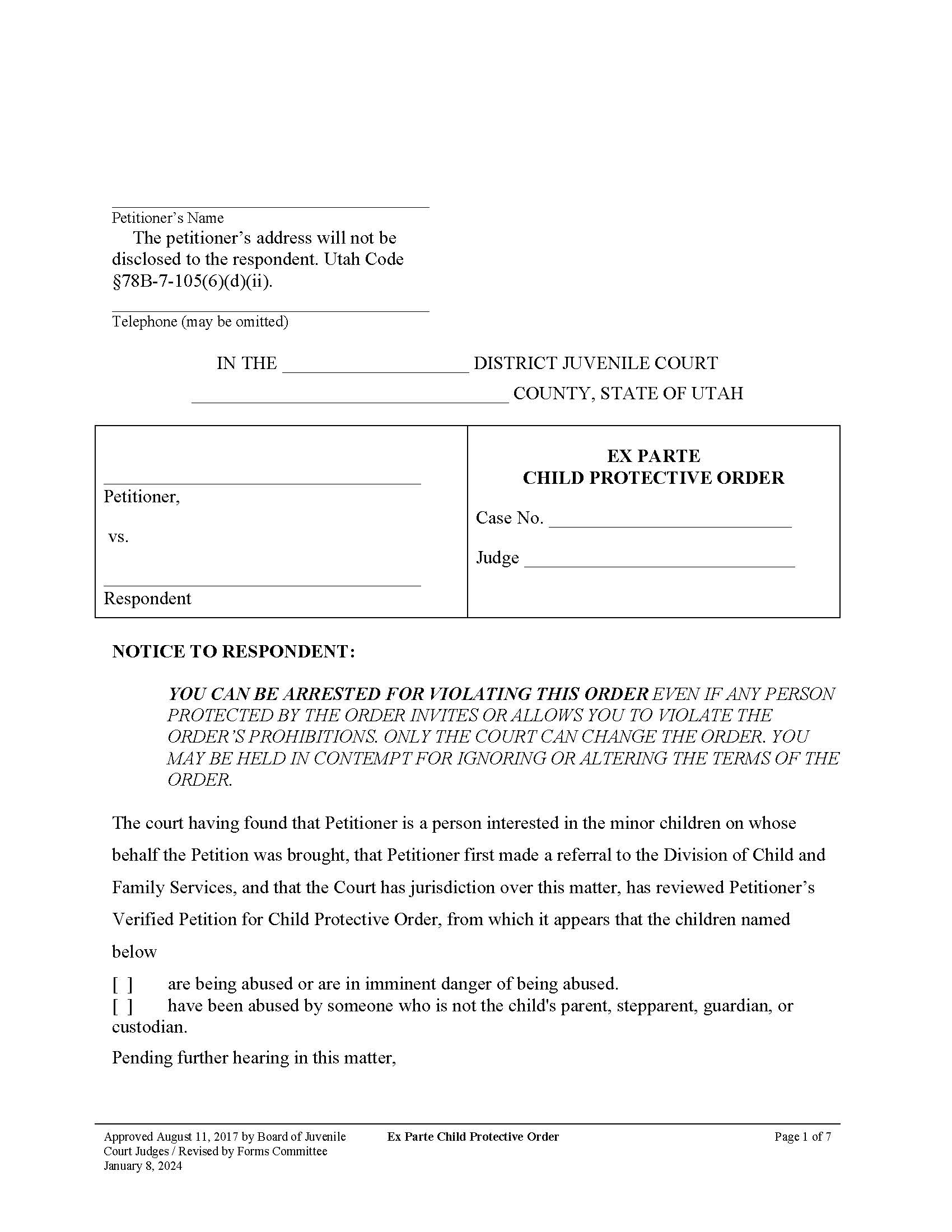 Ex Parte Child Protective Order | Pdf Fpdf Doc Docx | Utah
