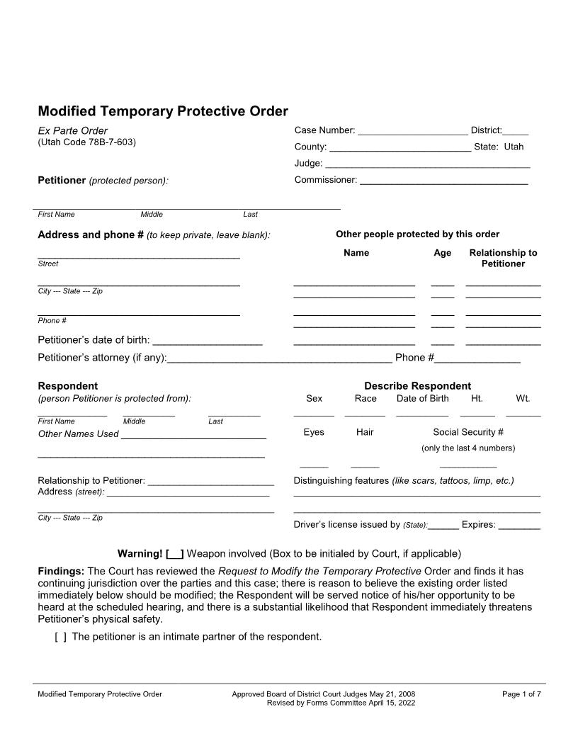 Modified Temporary Protective Order | Pdf Fpdf Docx | Utah