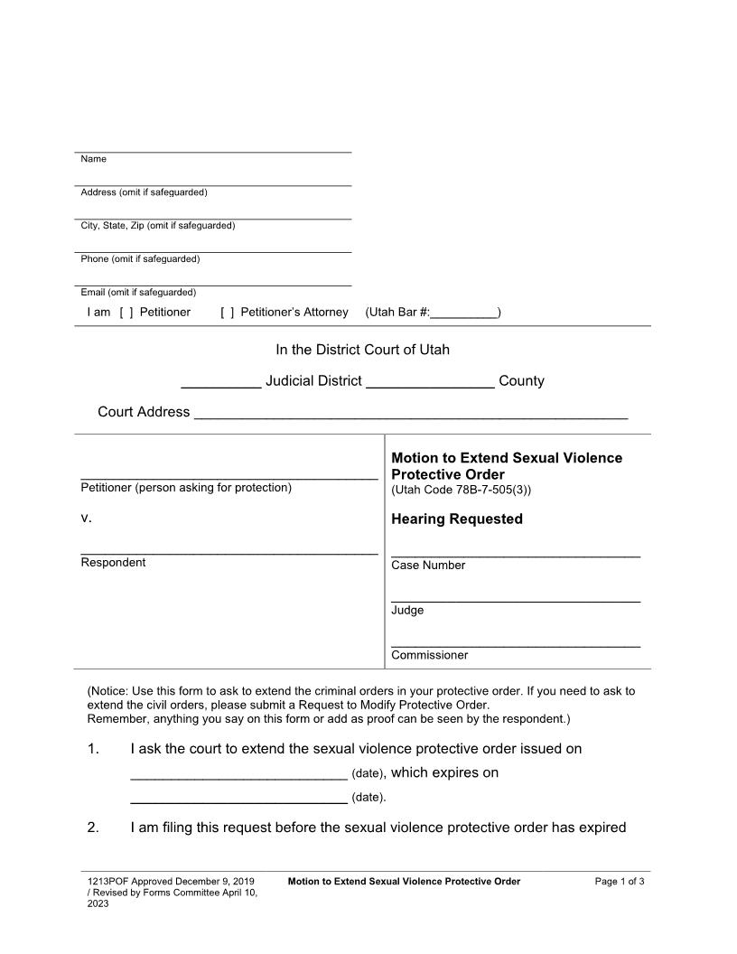 Motion To Extend Sexual Violence Protective Order {1213POF} | Pdf Fpdf Docx | Utah