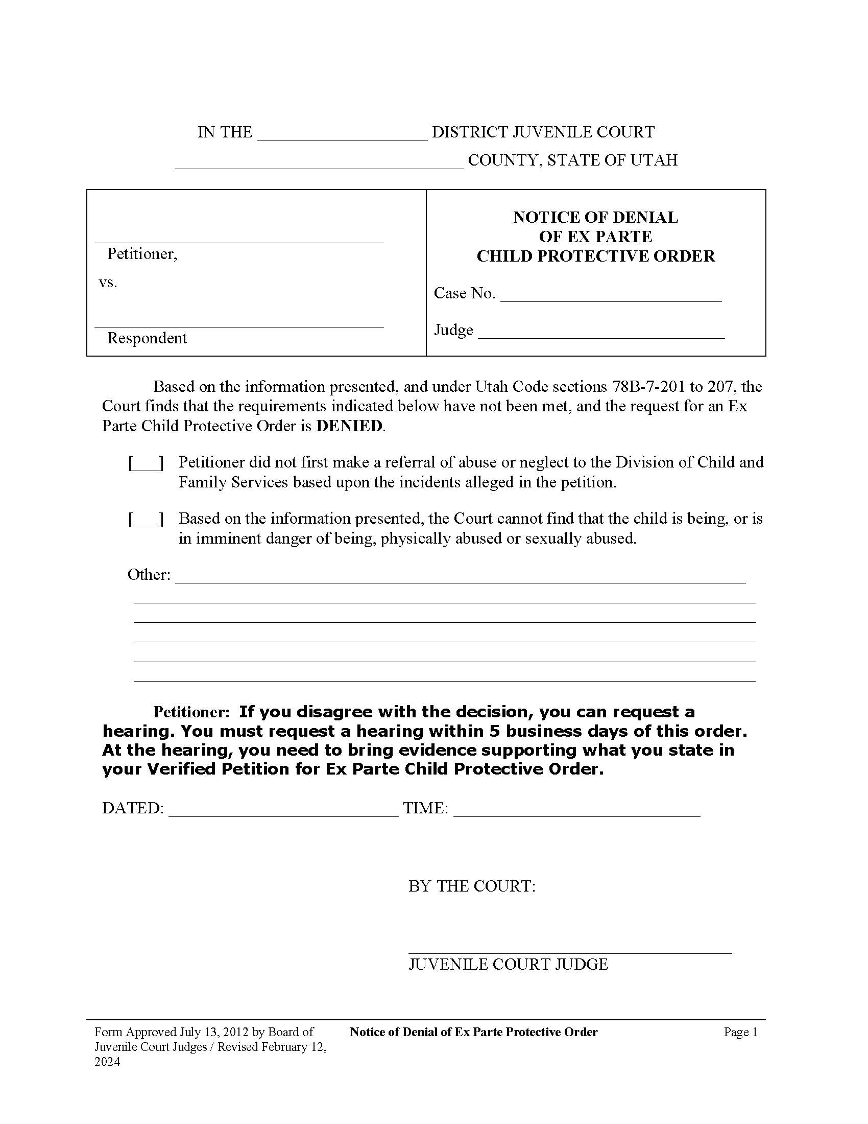 Notice Of Denial Of Ex Parte Child Protective Order | Pdf Fpdf Docx | Utah