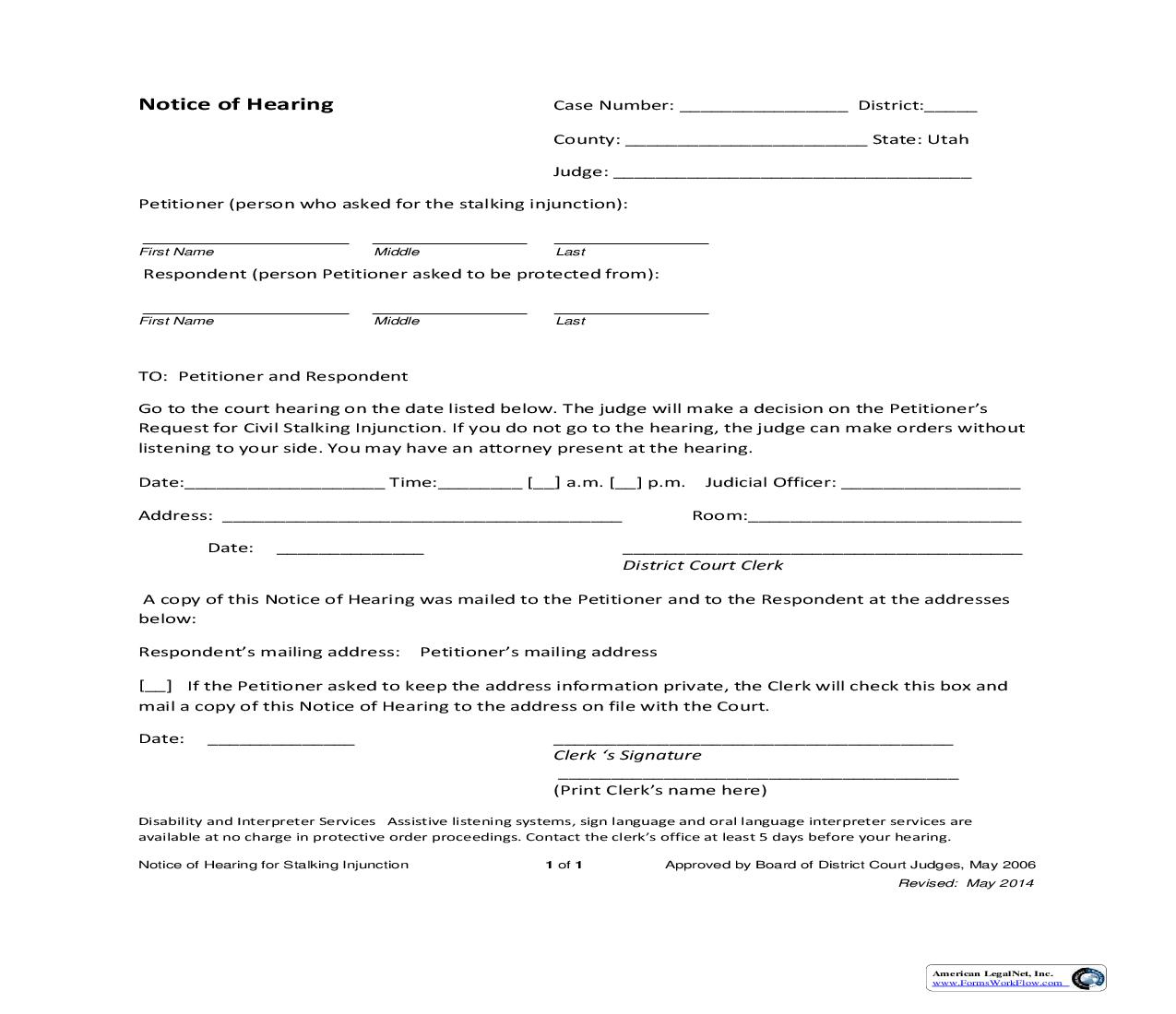Notice Of Hearing (Civil Stalking) | Pdf Fpdf Doc Docx | Utah