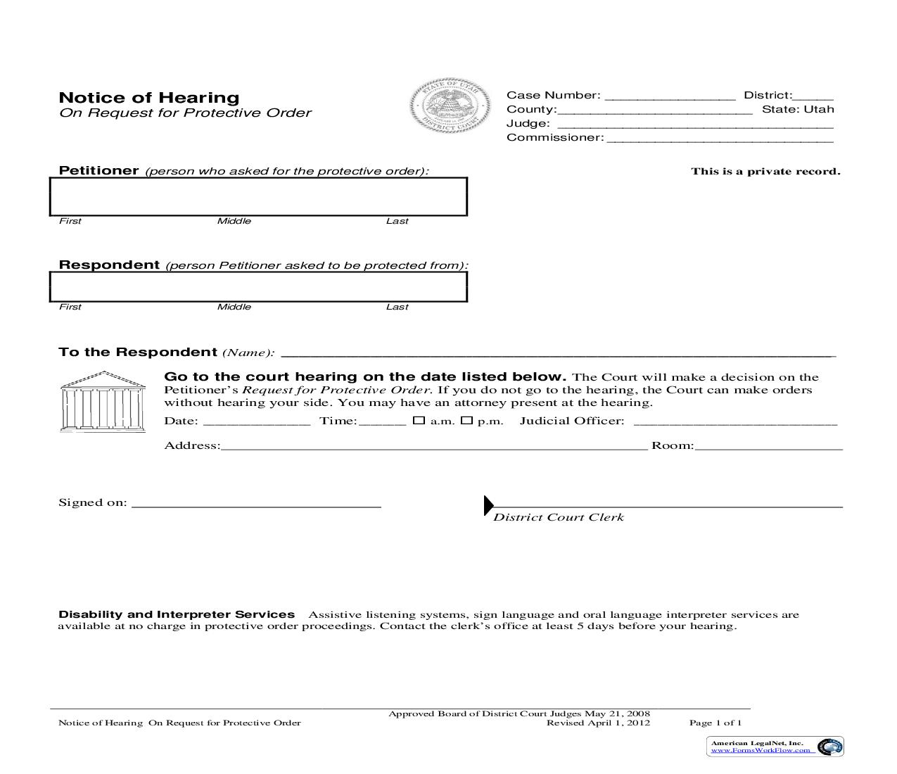 Notice Of Hearing (On Request For Protective Order) |  | Utah