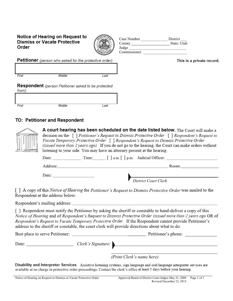 Notice Of Hearing On Request To Dismiss Or Vacate Protective Order |  | Utah