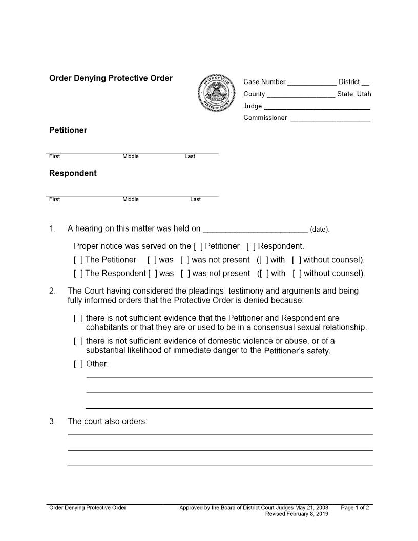 Order Denying Protective Order | Pdf Fpdf Docx | Utah
