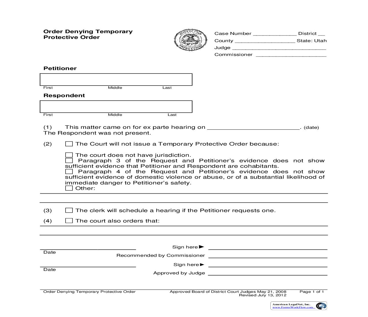 Order Denying Temporary Protective Order | Pdf Fpdf Docx | Utah