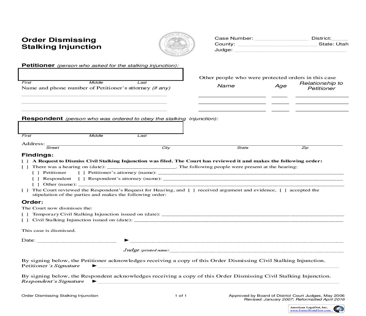 Order Dismissing Stalking Injunction |  | Utah