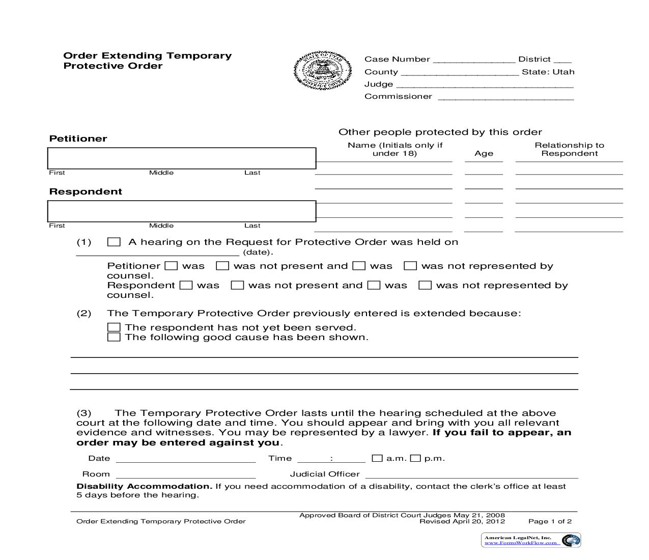 Order Extending Temporary Protective Order |  | Utah