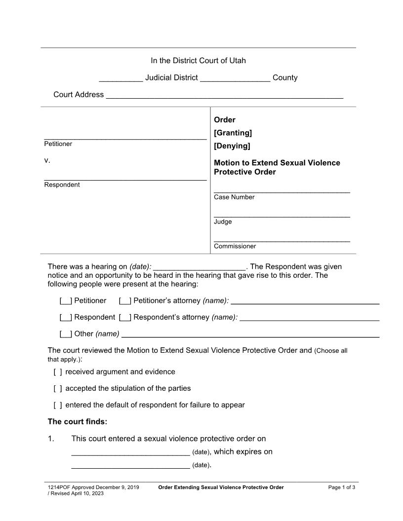 Order Granting-Denying Motion To Extend Sexual Violence Protective Order {1214POF} | Pdf Fpdf Docx | Utah