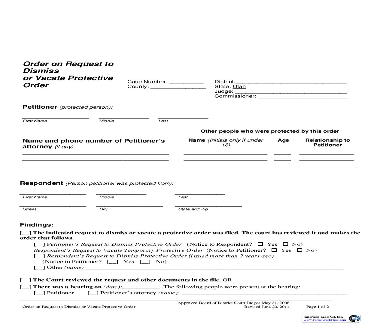 Order On Request To Dismiss Or Vacate Protective Order |  | Utah