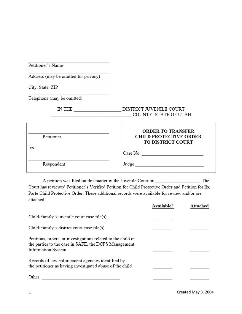 Order To Transfer Child Protective Order To District Court | Pdf Fpdf Docx | Utah