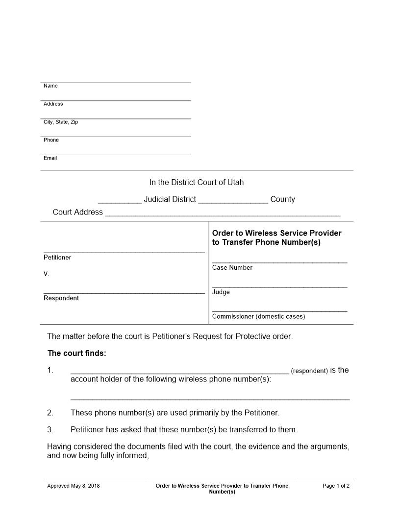 Order To Wireless Service Provider To Transfer Phone Number(s) | Pdf Fpdf Docx | Utah