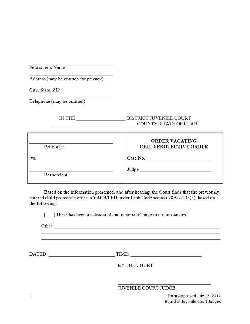 Order Vacating Child Protective Order | Pdf Fpdf Docx | Utah