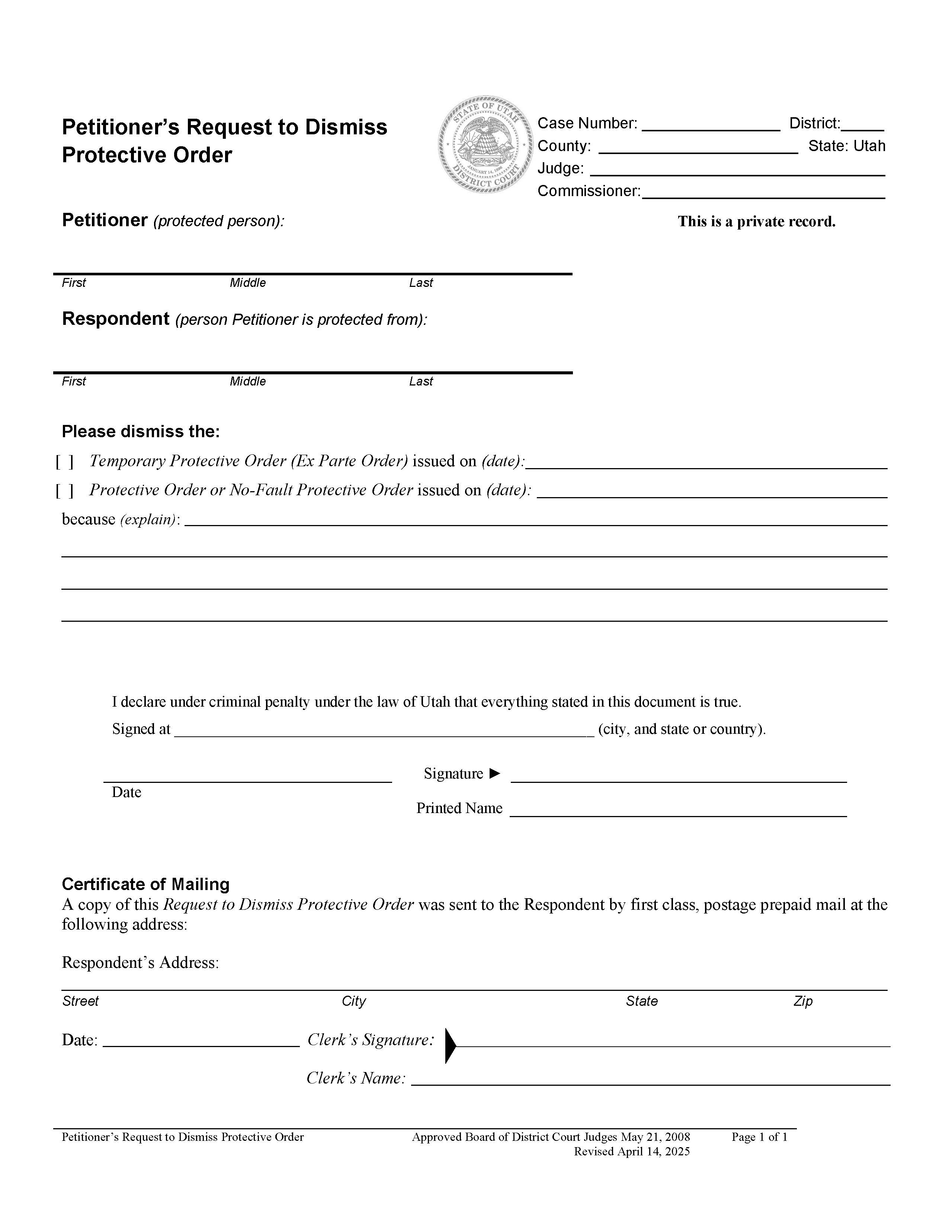 Petitioners Request To Dismiss Protective Order | Pdf Fpdf Docx | Utah