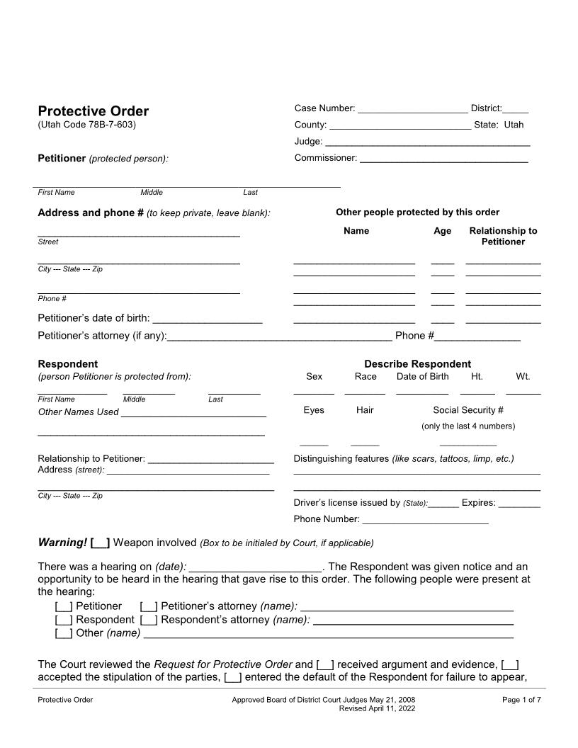 Protective Order | Pdf Fpdf Docx | Utah