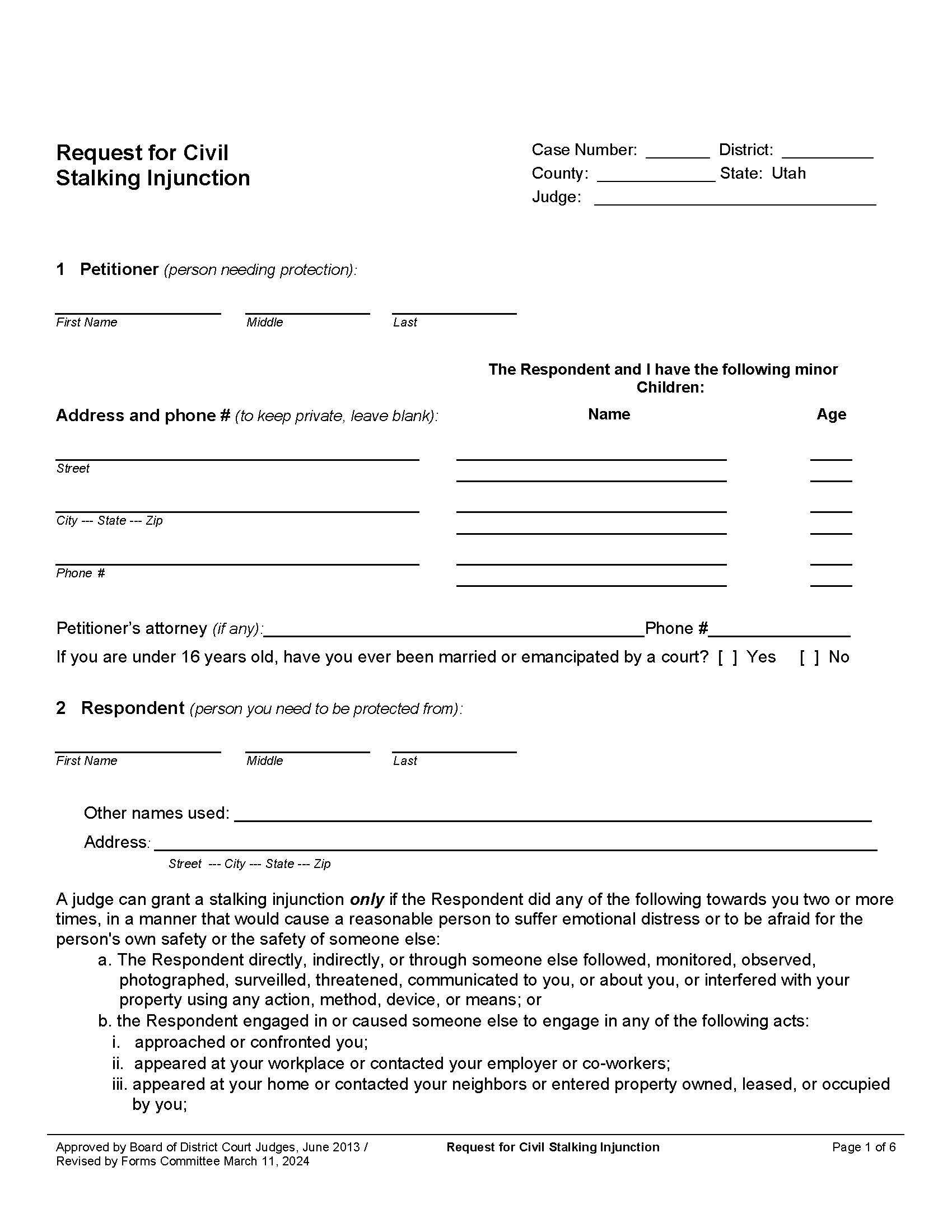 Request For Civil Stalking Injunction | Pdf Fpdf Docx | Utah