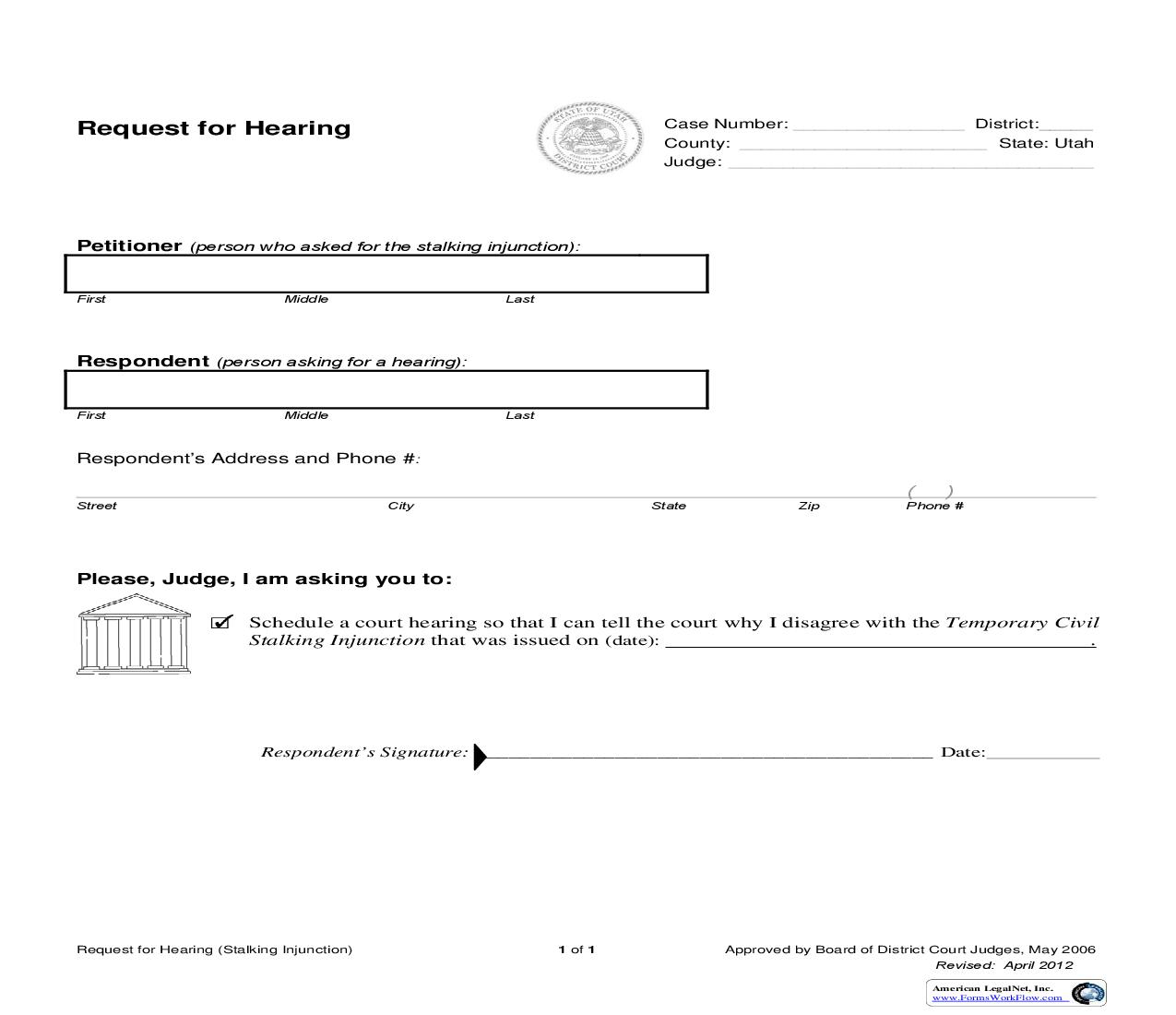 Request For Hearing (To Contest Civil Stalking Injunction) |  | Utah