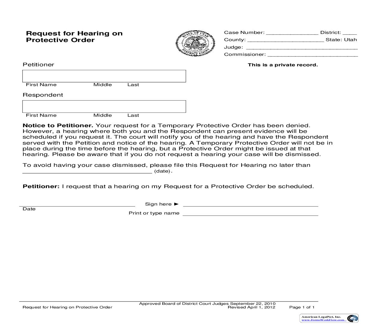 Request For Hearing On Protective Order |  | Utah