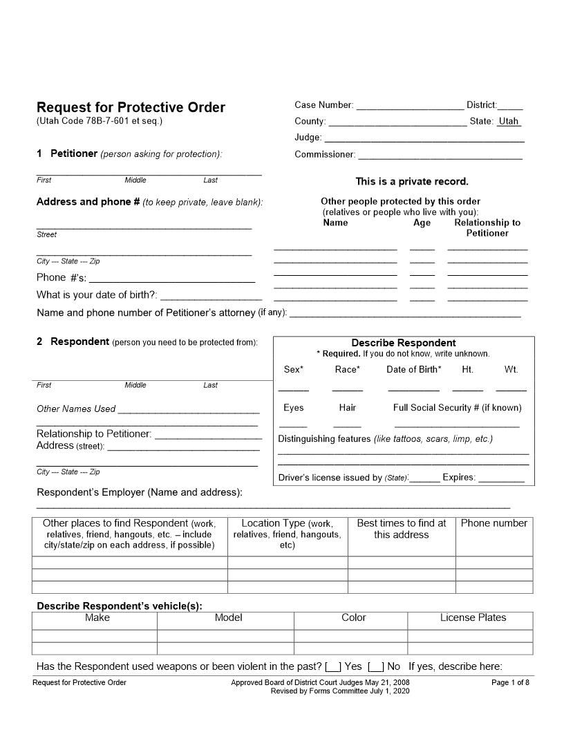 Request For Protective Order | Pdf Fpdf Docx | Utah