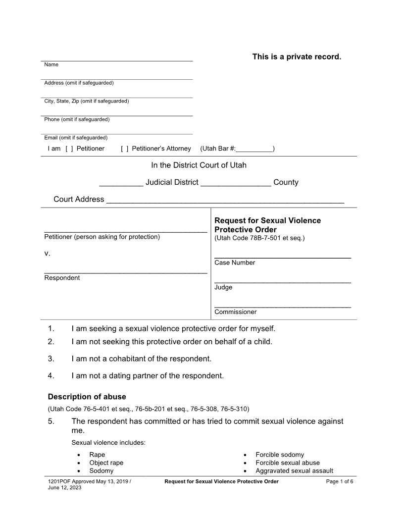 Request For Sexual Violence Protective Order {1201POF} | Pdf Fpdf Docx | Utah
